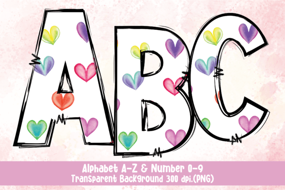 Watercolor Heart Doodle Alphabet PNG for Graphics & Illustrations